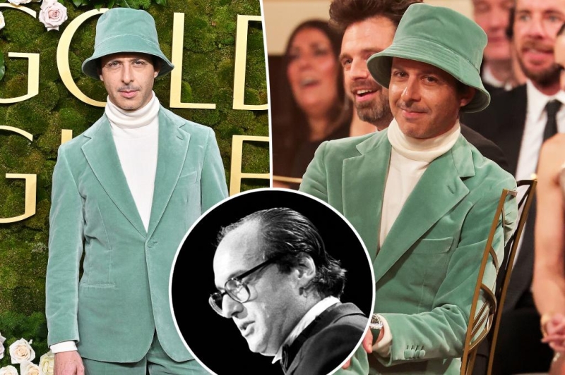 The reason that Jeremy Strong used that green container hat to match his clothing at the 2025 Golden Globes